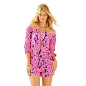 Lilly Pulitzer Pink & Navy Lana Romper in Coco Safari Pineapple Print Size Small